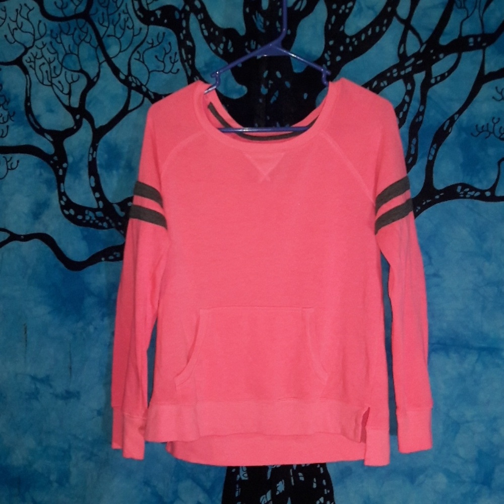 Pink long sleeve shirt with grey stripes on sleeve